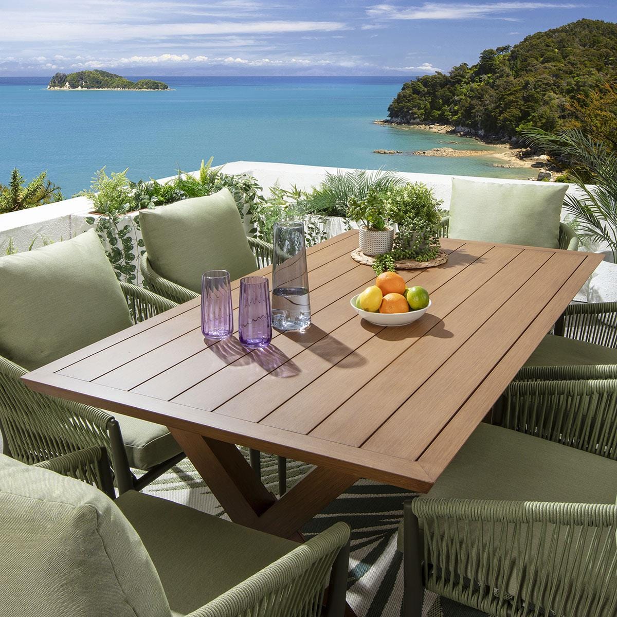 Ensemble de salle à manger de jardin Cole 6 places, aluminium effet bois vert et chêne