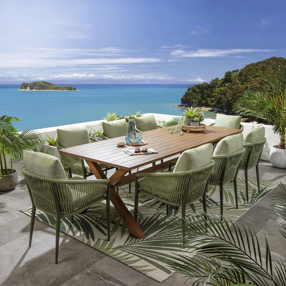 Ensemble de salle à manger de jardin Cole 8 places, aluminium effet bois vert et chêne