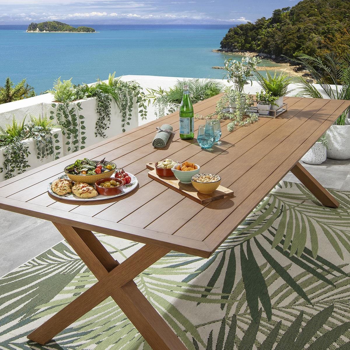 Ensemble de salle à manger de jardin Cole 8 places, aluminium effet bois vert et chêne