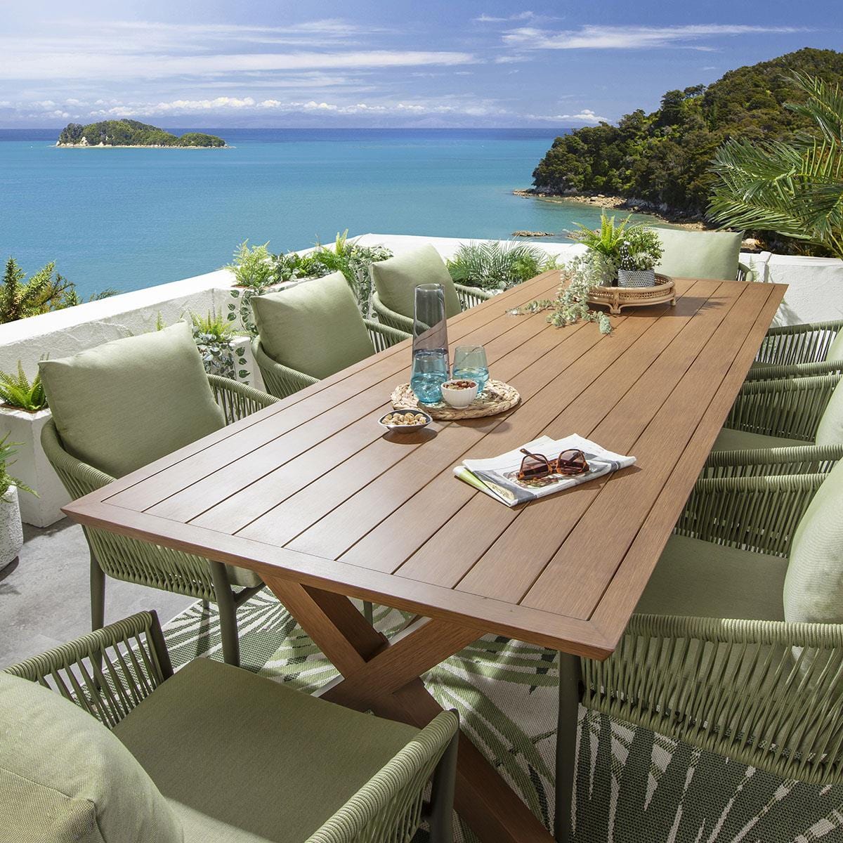 Ensemble de salle à manger de jardin Cole 8 places, aluminium effet bois vert et chêne