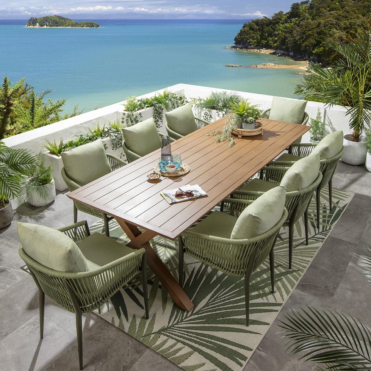 Ensemble de salle à manger de jardin Cole 8 places, aluminium effet bois vert et chêne