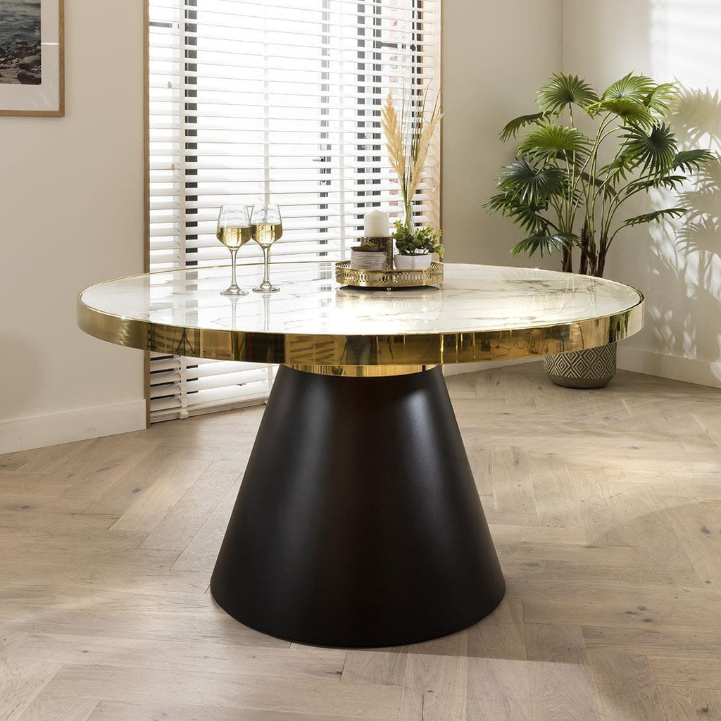 Table de salle à manger ronde en marbre et chaises en velours crème, ensemble de salle à manger 6 places