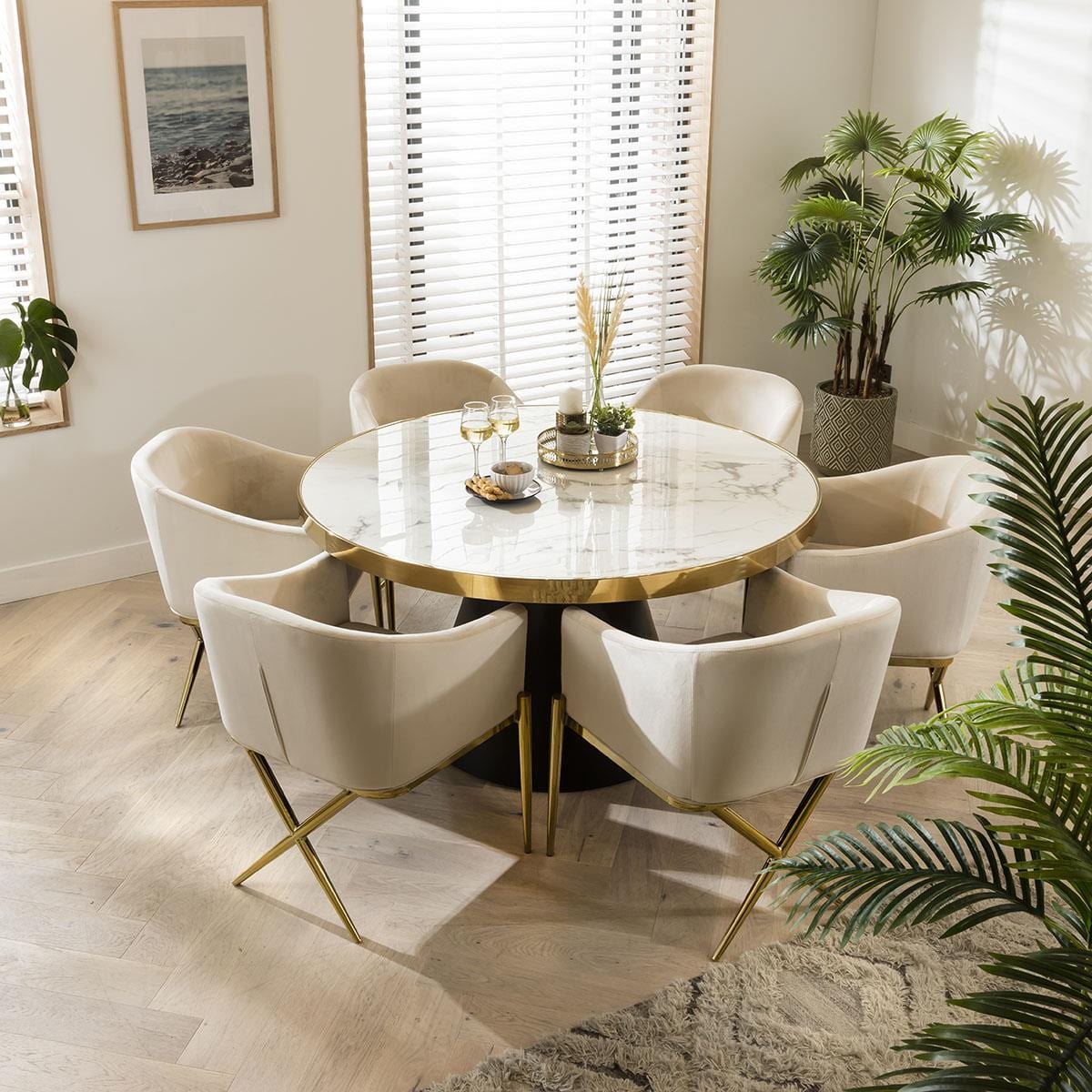 Table de salle à manger ronde en marbre et chaises en velours crème - Ensemble de salle à manger 6 places