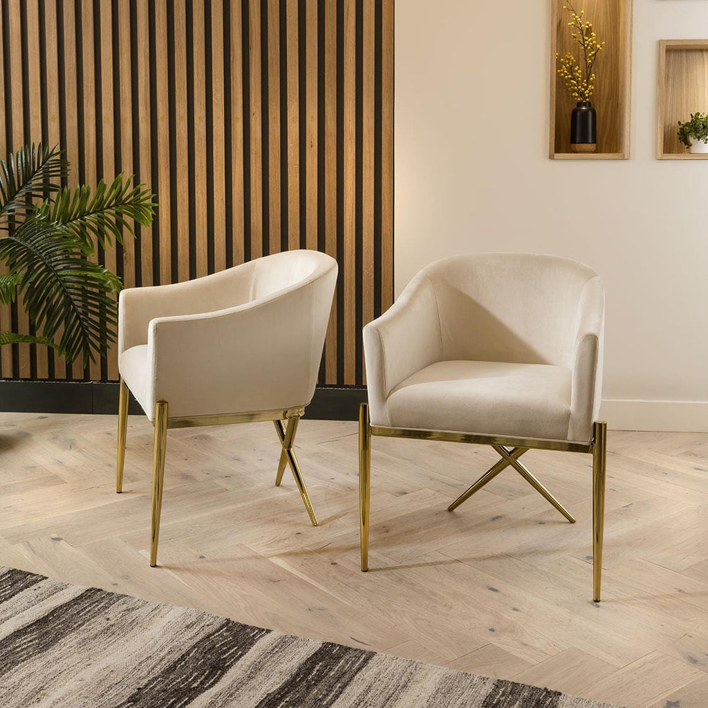 Table de salle à manger ronde en marbre et chaises en velours crème - Ensemble de salle à manger 6 places