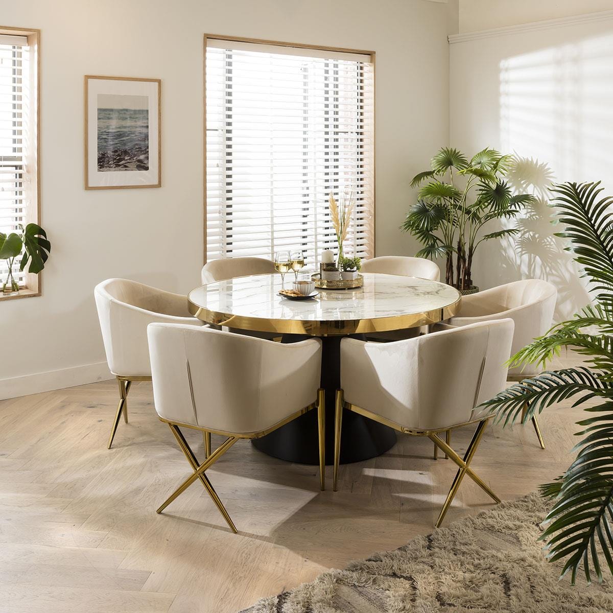 Table de salle à manger ronde en marbre et chaises en velours crème - Ensemble de salle à manger 6 places