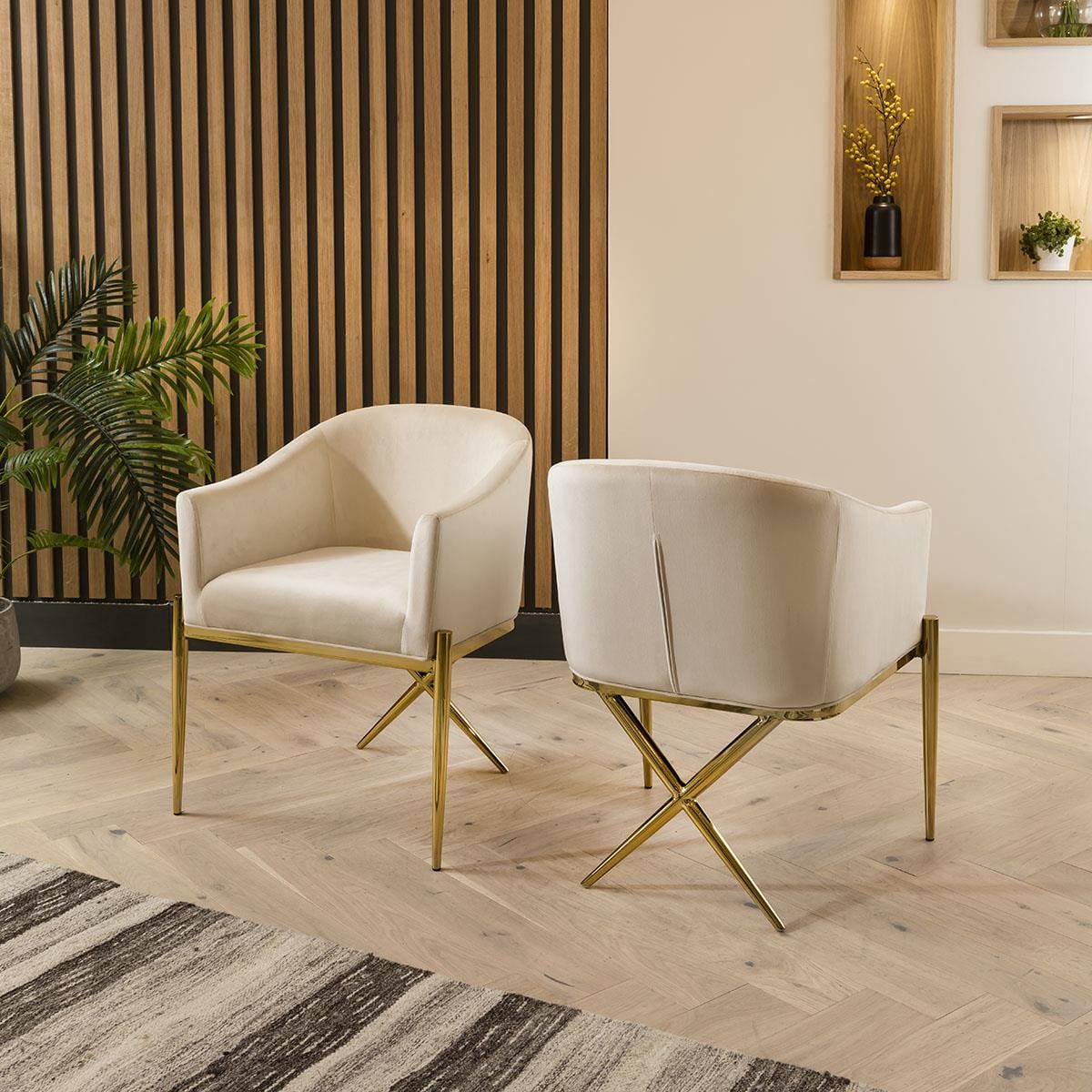 Table de salle à manger ronde en marbre et chaises en velours crème - Ensemble de salle à manger 6 places