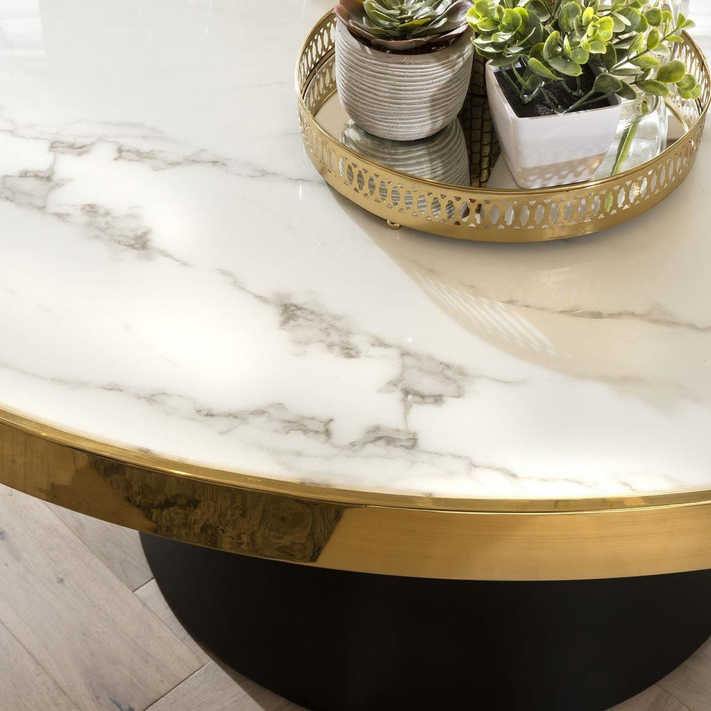 Table de salle à manger ronde en marbre et chaises en velours crème - Ensemble de salle à manger 6 places