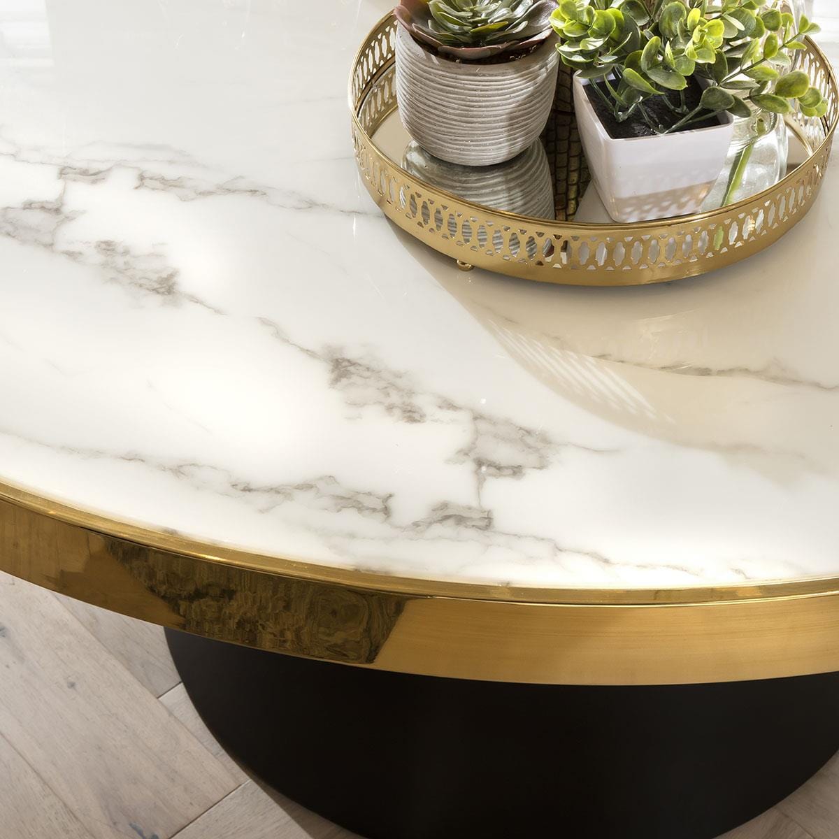 Table de salle à manger ronde en marbre et chaises en velours crème - Ensemble de salle à manger 6 places