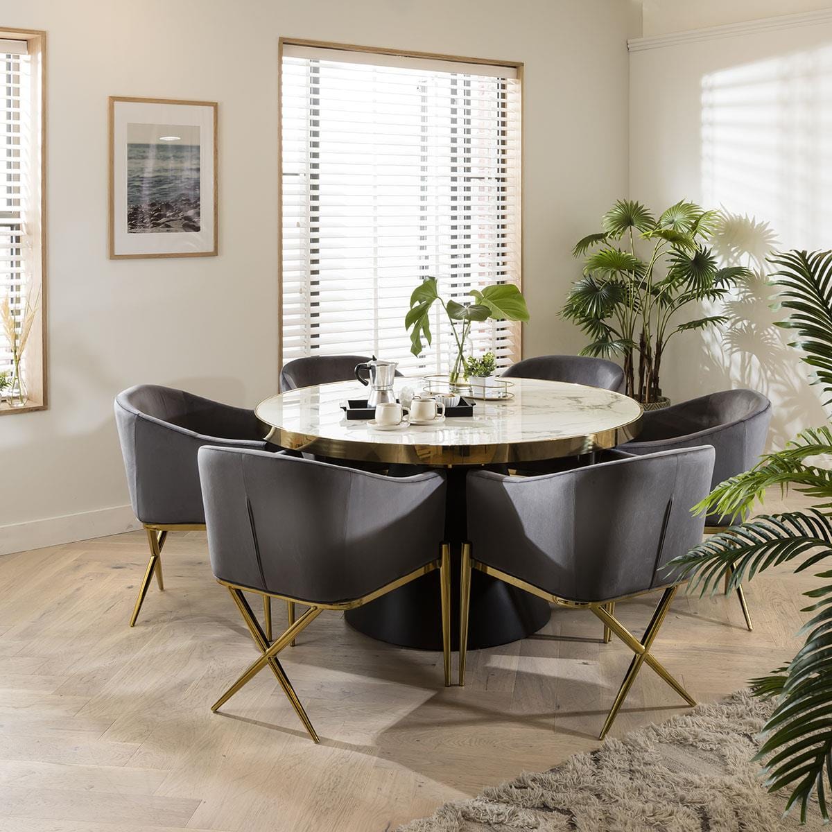 Table de salle à manger ronde en marbre et chaises en velours gris - Ensemble de salle à manger 6 places