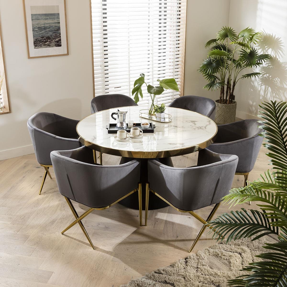 Table de salle à manger ronde en marbre et chaises en velours gris - Ensemble de salle à manger 6 places