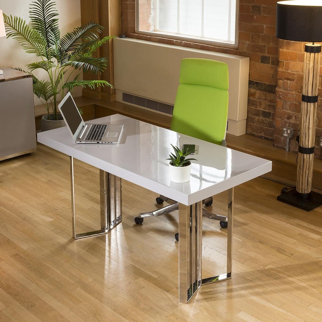 Ensemble de 2 bureaux design Linea 2200 mm et 1400 mm, gris brillant et acier inoxydable.