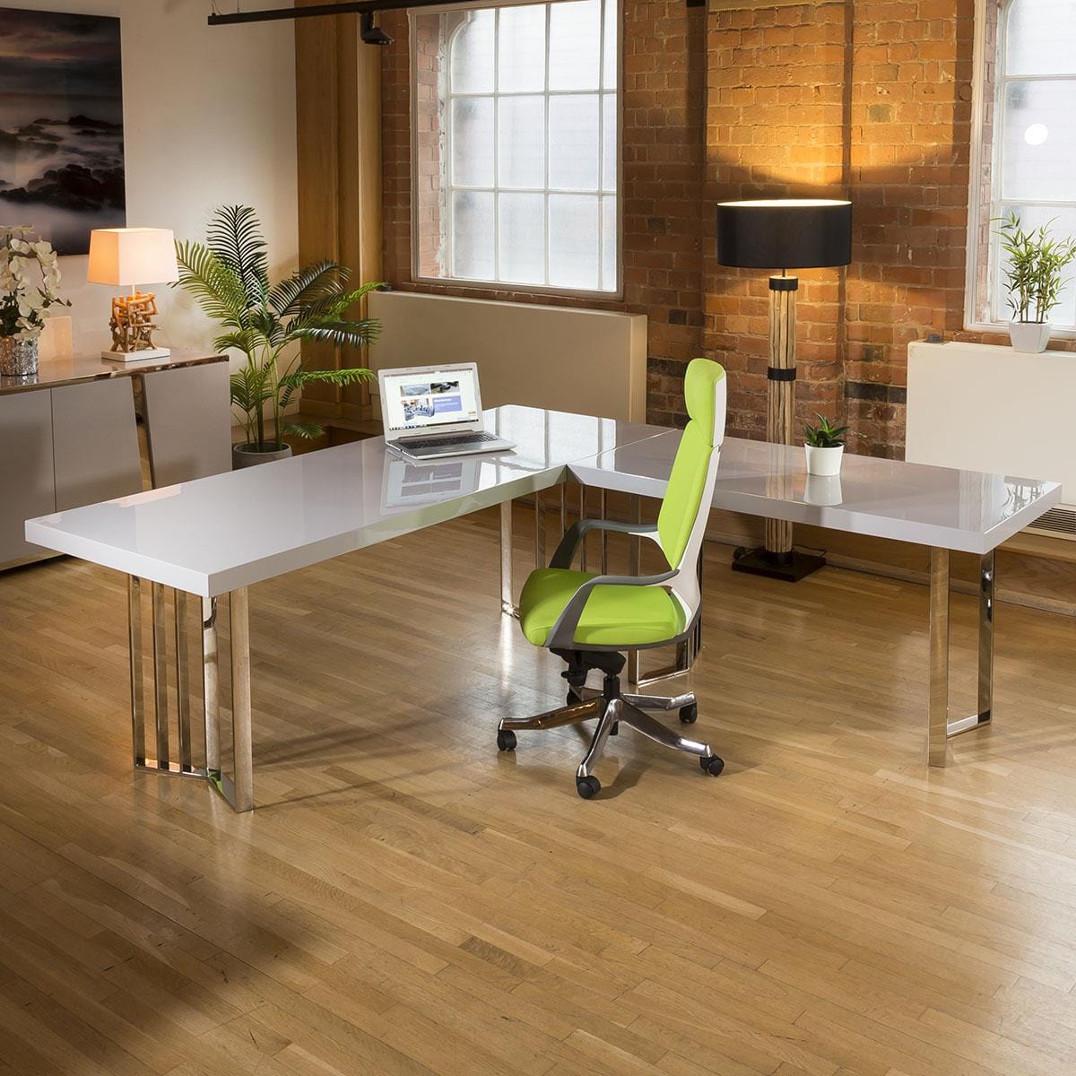 Ensemble de 2 bureaux design Linea 2200 mm et 1700 mm Gris brillant et acier inoxydable.