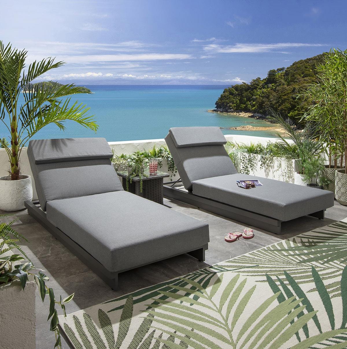 2 chaises longues de jardin Marbella grises avec coussins, 200 x 78 cm