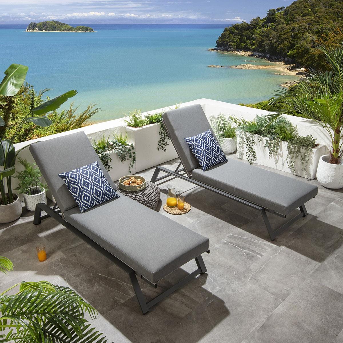 2 chaises longues de jardin Cayman avec coussins, grises, 196 x 70 cm