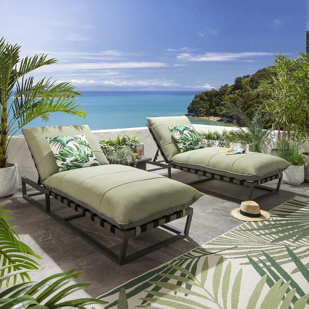 2 chaises longues Ocean avec coussins verts 212 x 84 cm
