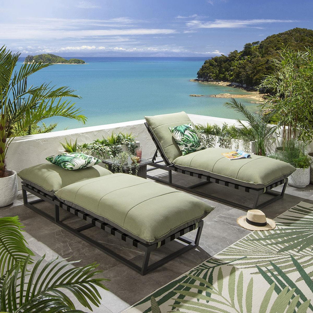 2 chaises longues Ocean avec coussins verts 212 x 84 cm