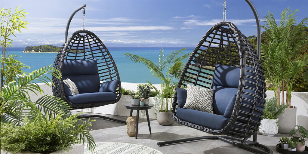 Ensemble de 2 fauteuils suspendus en bambou en forme d'œuf - Bleu