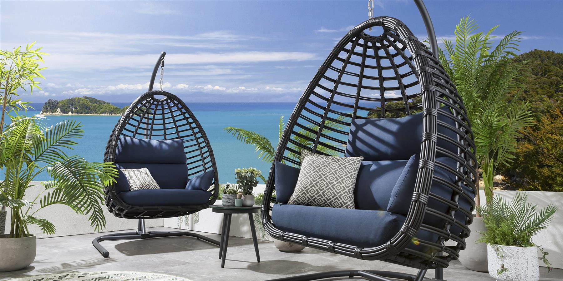 Ensemble de 2 fauteuils suspendus en bambou en forme d'œuf - Bleu