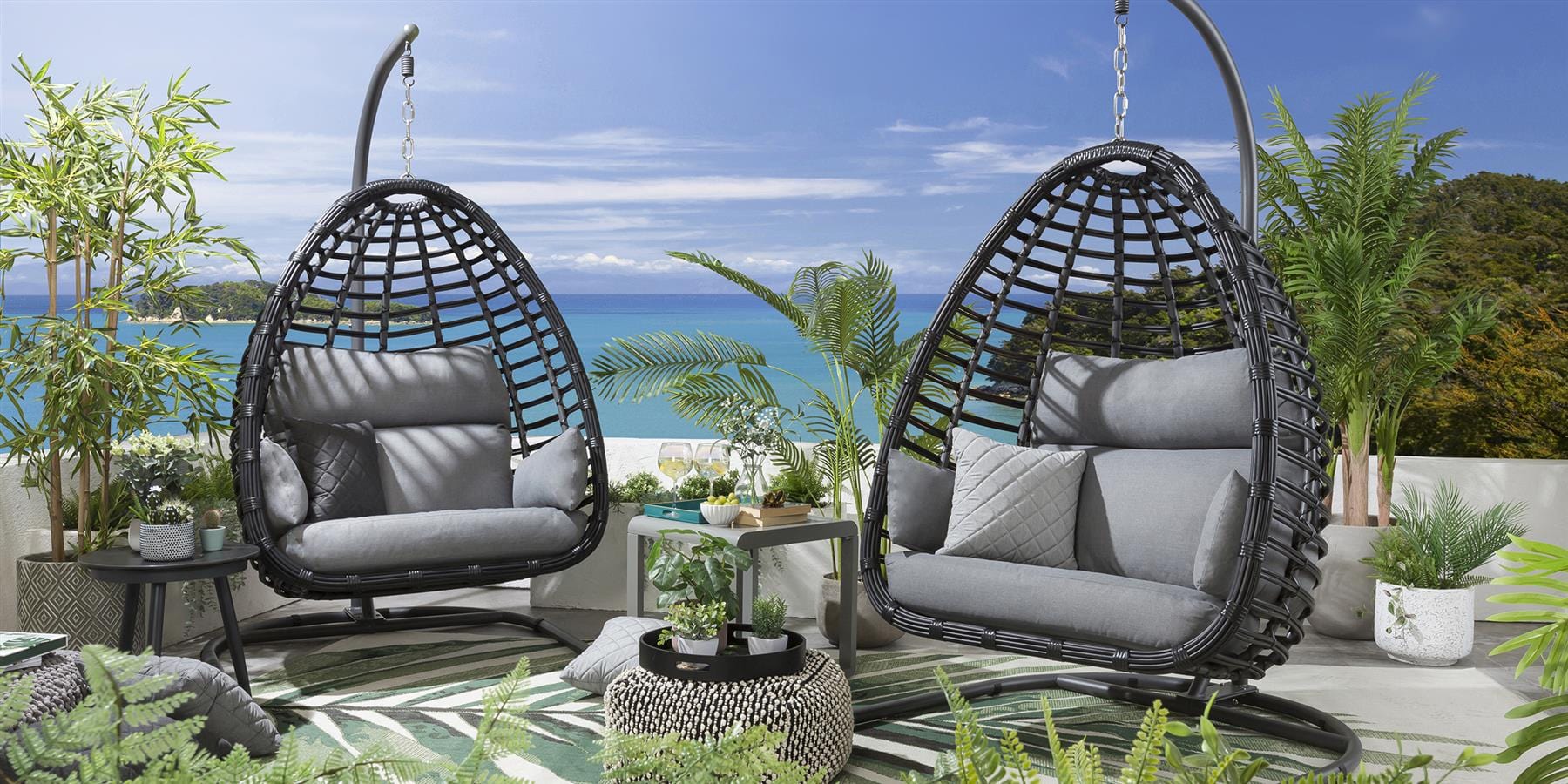 Ensemble de 2 fauteuils suspendus en bambou en forme d'œuf - Gris