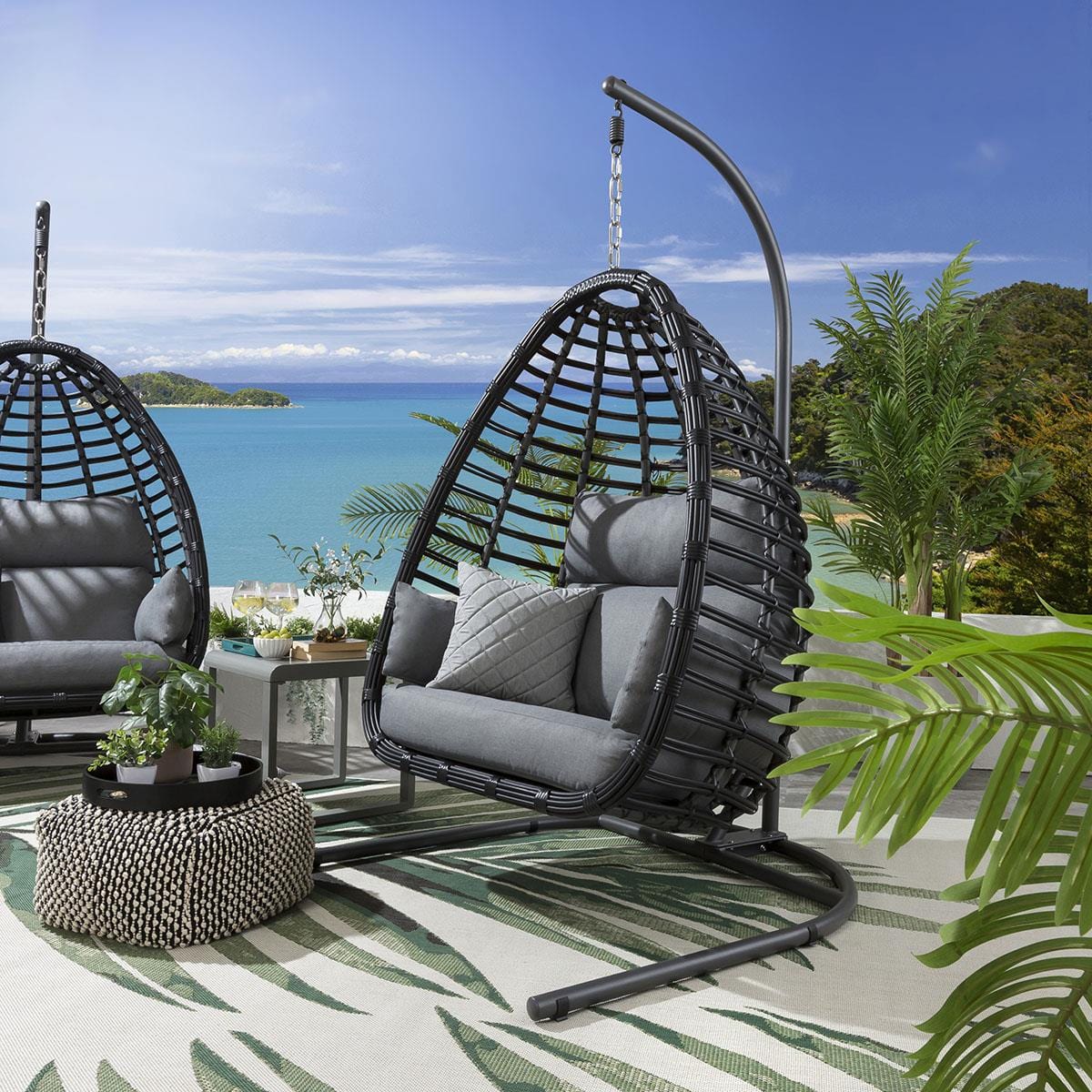 Ensemble de 2 fauteuils suspendus en bambou en forme d'œuf - Gris