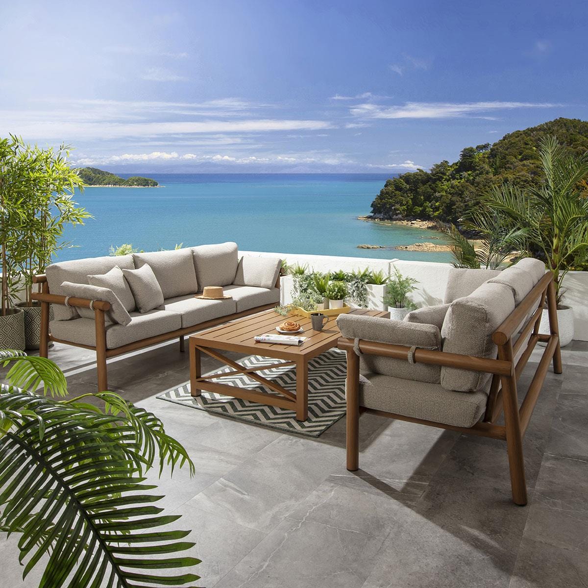 Ensemble de canapés de jardin 6 places Mia en aluminium imitation bois, coloris chêne latte