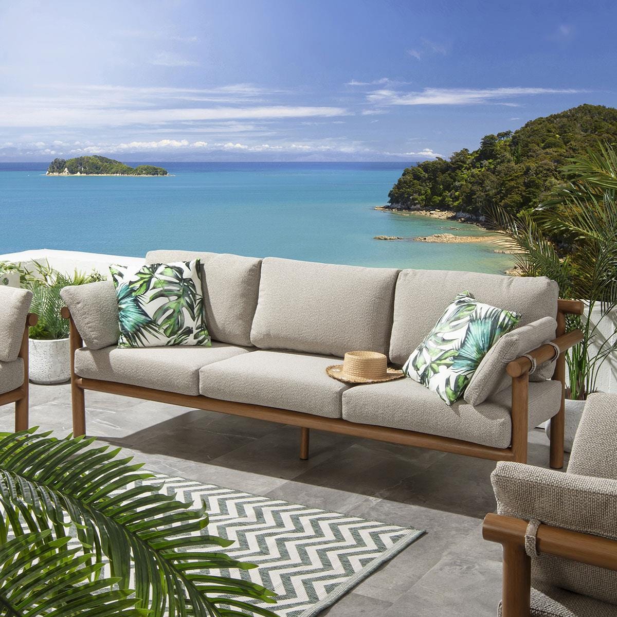 Ensemble de canapés de jardin 6 places Mia en aluminium imitation bois, coloris chêne latte