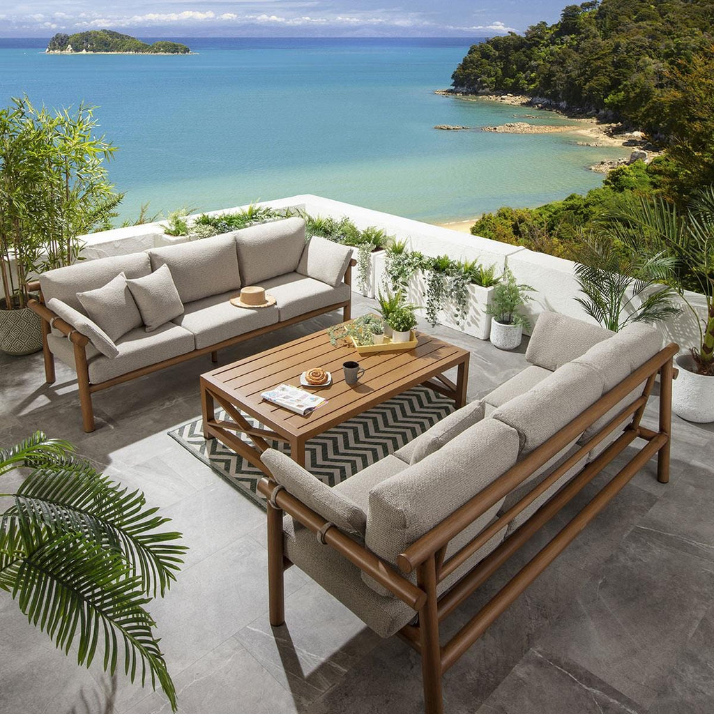 Ensemble de canapés de jardin 6 places Mia en aluminium imitation bois, coloris chêne latte