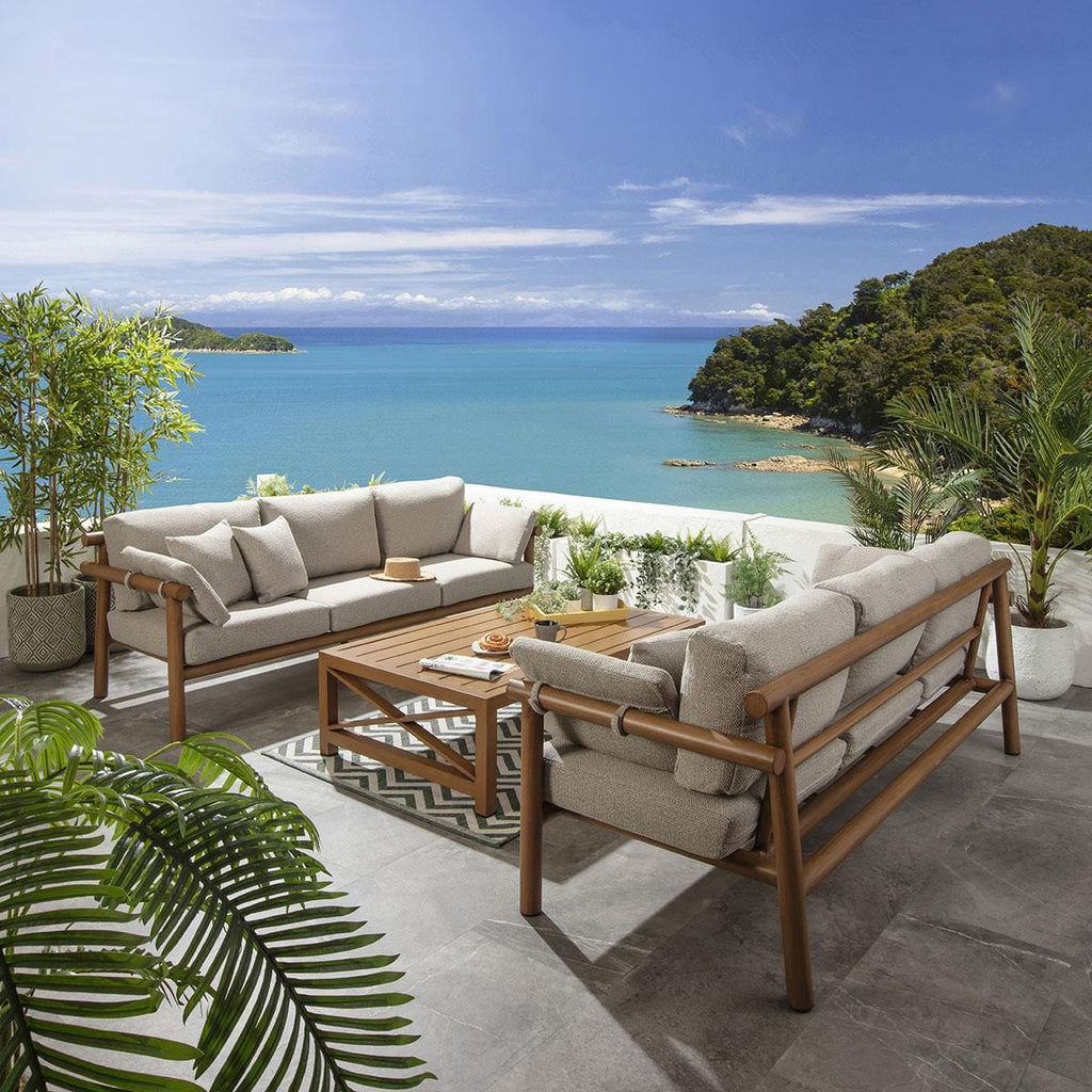 Ensemble de canapés de jardin 6 places Mia en aluminium imitation bois, coloris chêne latte