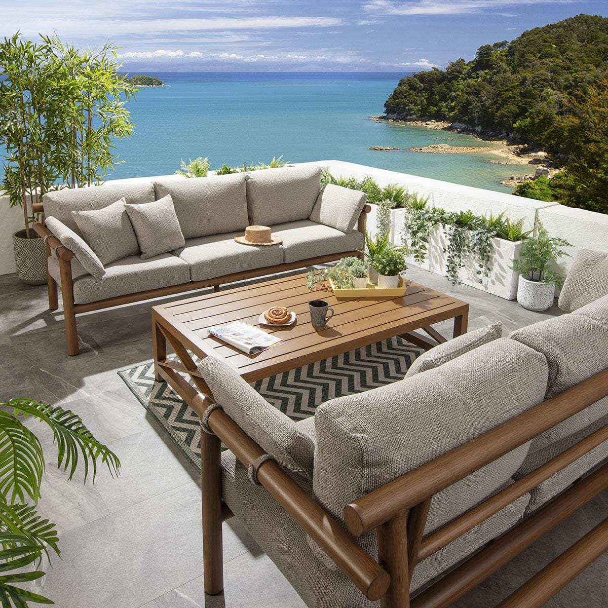 Ensemble de canapés de jardin 6 places Mia en aluminium imitation bois, coloris chêne latte