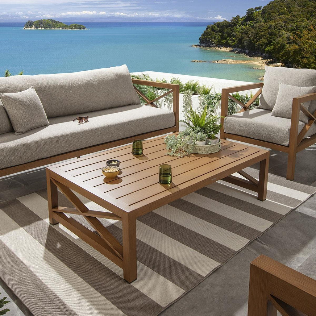 Ensemble de canapés de jardin 6 places Mia en aluminium imitation bois, coloris chêne latte