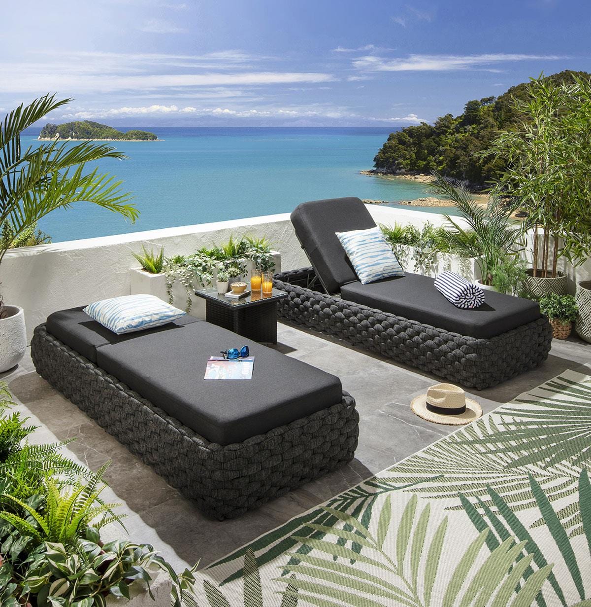 2 chaises longues Sundowner avec coussins, couleur anthracite, 208 x 85 cm