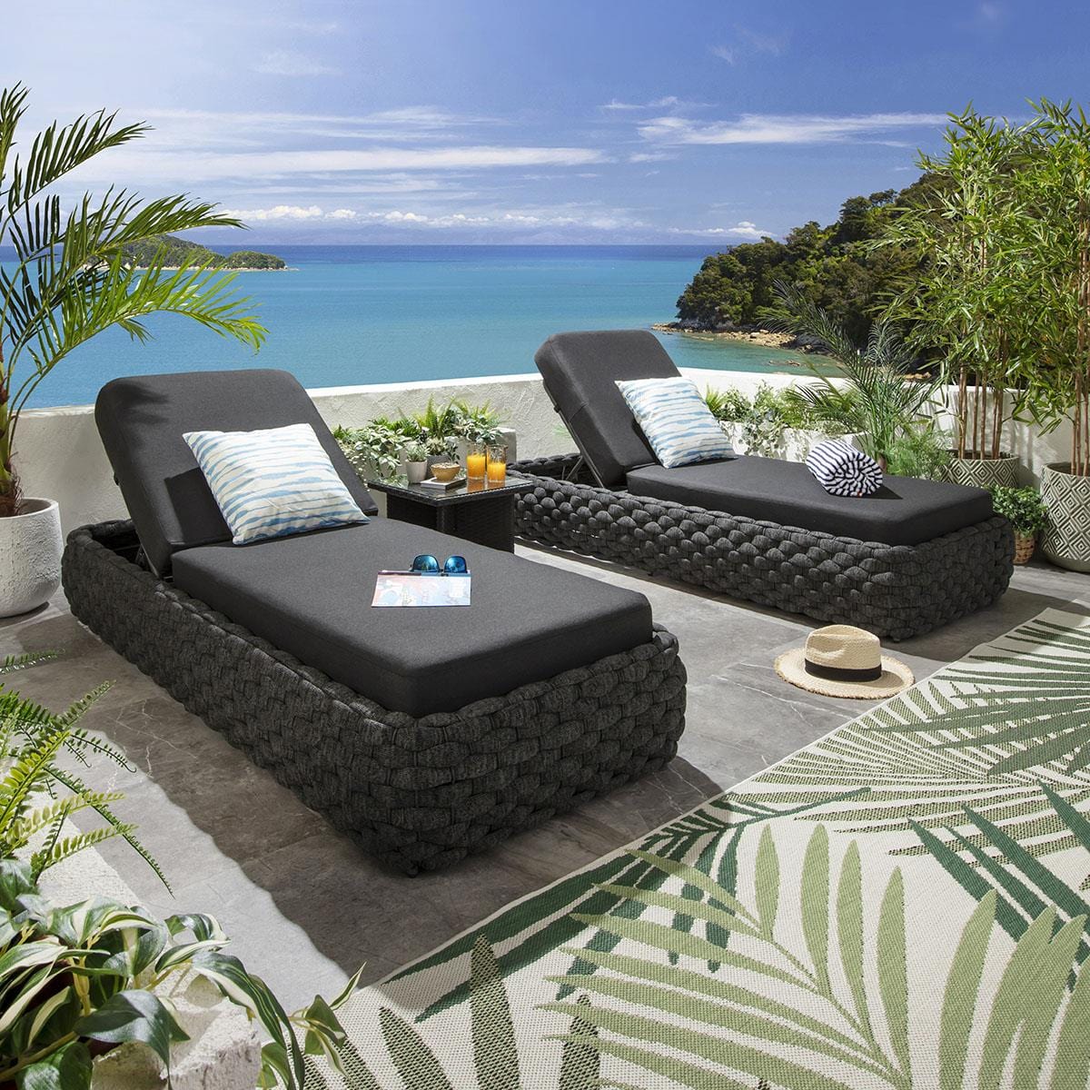 2 chaises longues Sundowner avec coussins, couleur anthracite, 208 x 85 cm