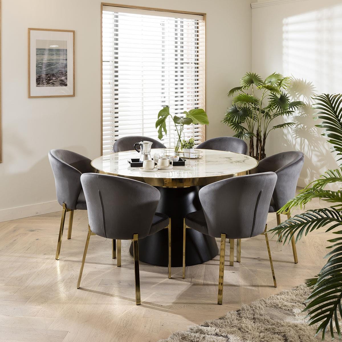 Table de salle à manger ronde en marbre élégante et 6 chaises en velours gris