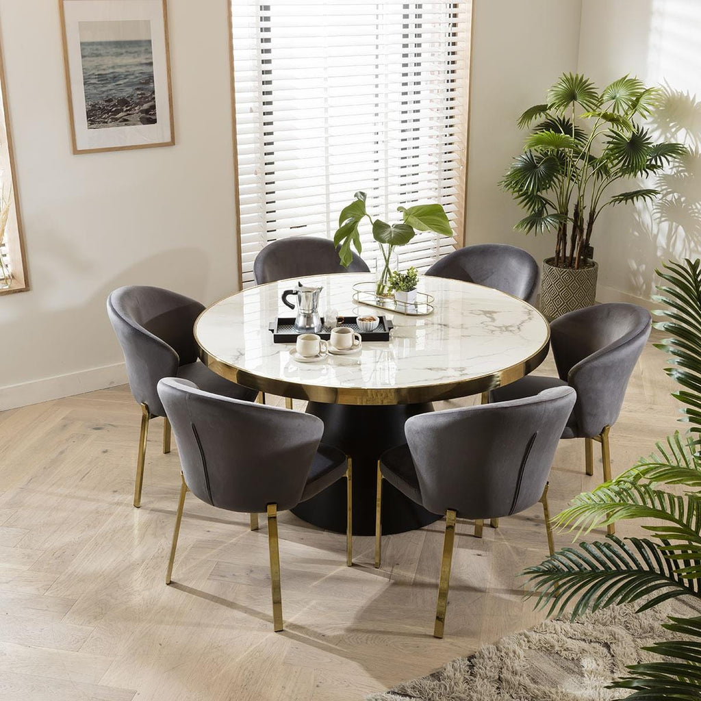 Table de salle à manger ronde en marbre élégante et 6 chaises en velours gris