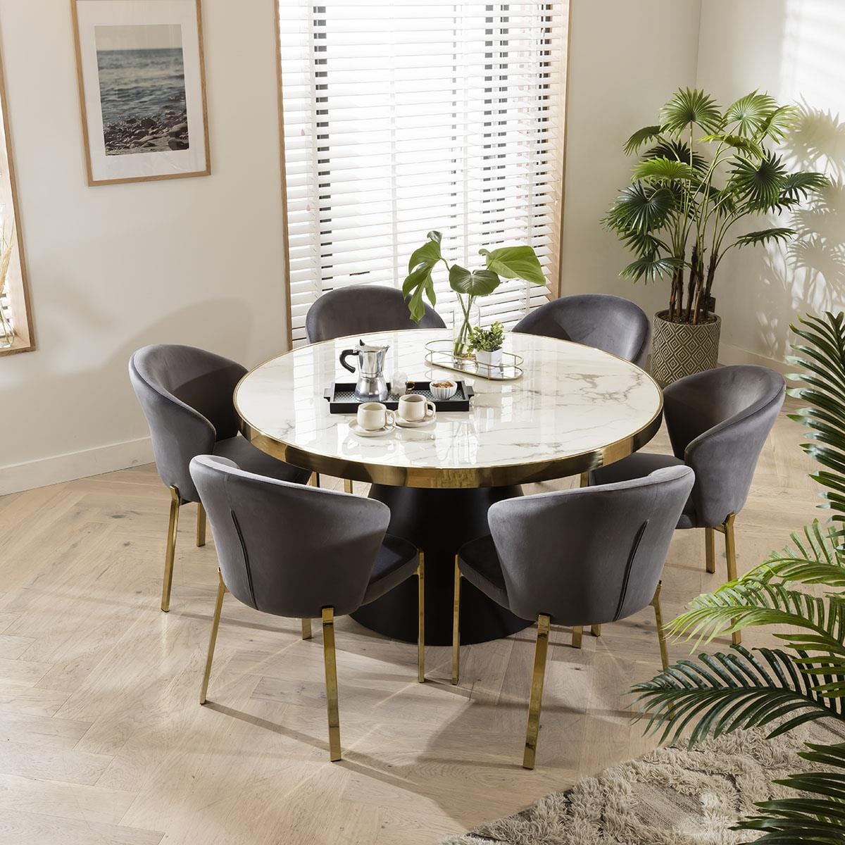 Table de salle à manger ronde en marbre élégante et 6 chaises en velours gris
