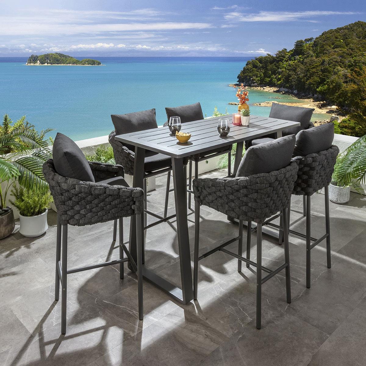 Ensemble bar de jardin extérieur Sundowner 6 places, aluminium anthracite et gris