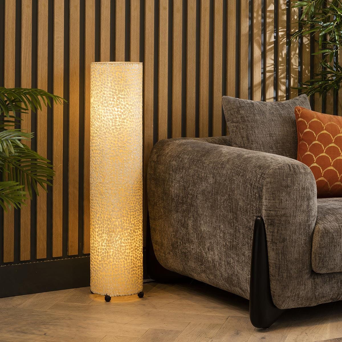 Lampadaire cylindrique élégant et haut, motif coquillage ivoire, 100 cm