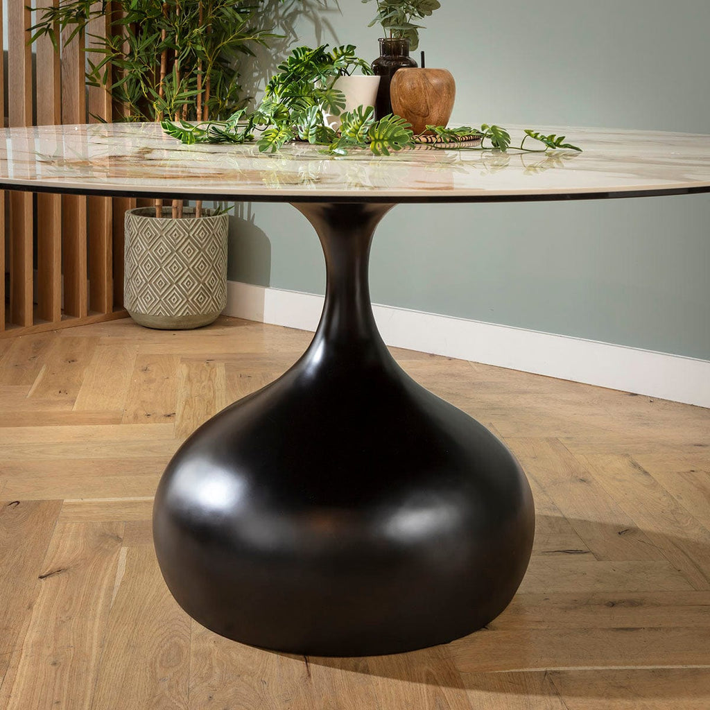 Table de salle à manger ronde Venusia 6 places en céramique effet marbre blanc et noir 150 cm