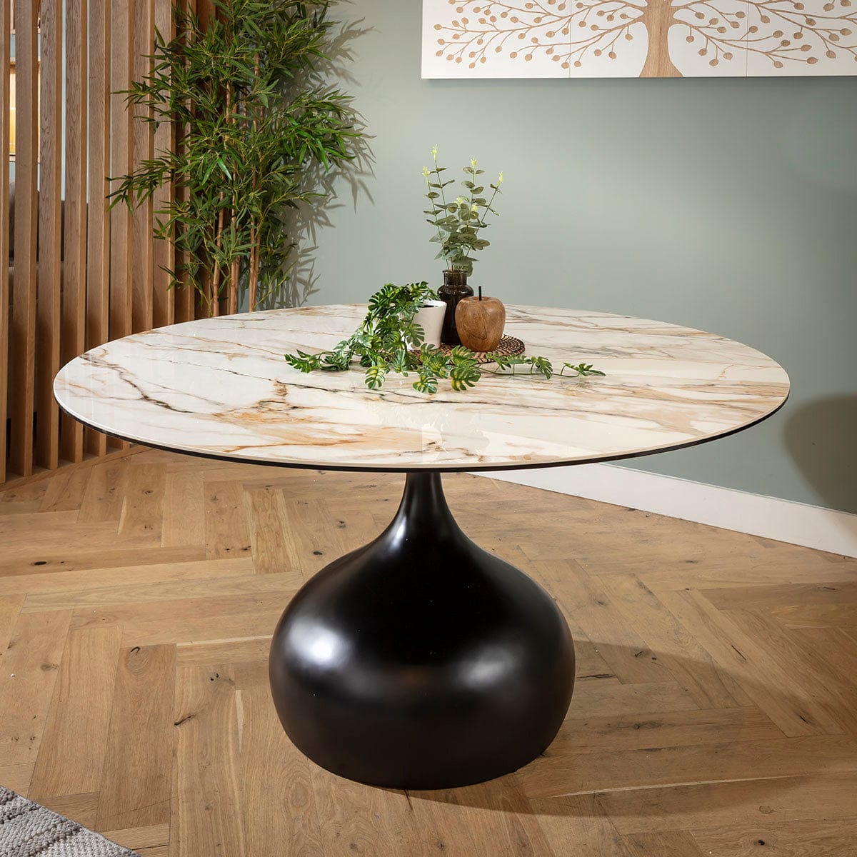 Table de salle à manger ronde Venusia 6 places en céramique effet marbre blanc et noir 150 cm