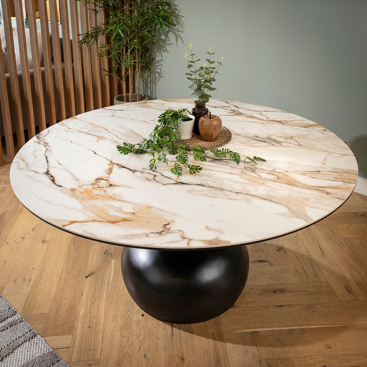 Table de salle à manger ronde Venusia 6 places en céramique effet marbre blanc et noir 150 cm