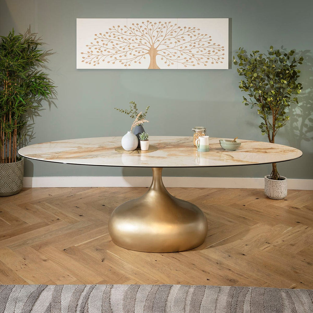 Table de salle à manger ovale Venusia 8 places en céramique effet marbre blanc et or 240 x 120 cm