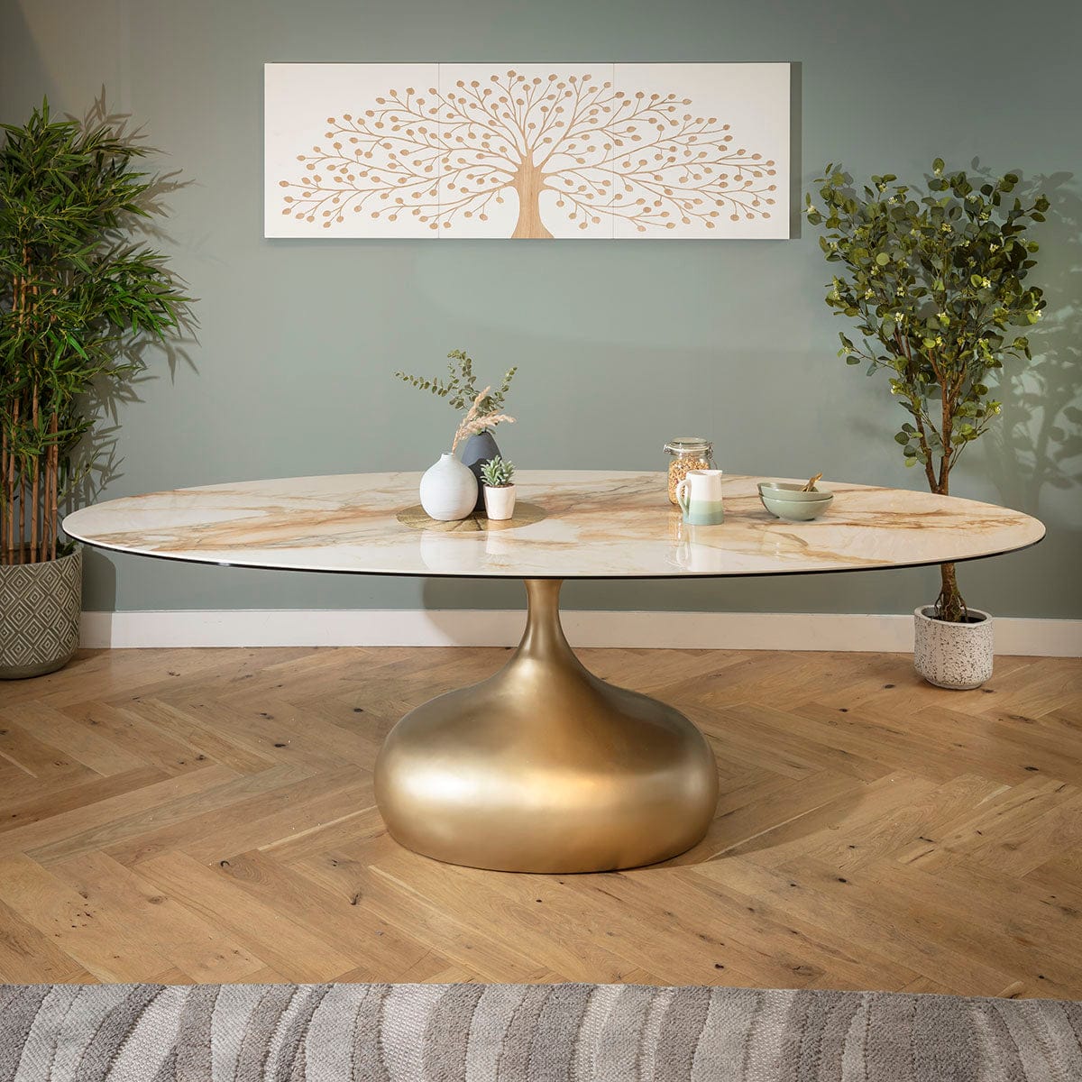 Ensemble de salle à manger ovale 6 places Hattie &amp; Venusia Luxury en céramique marron et blanche